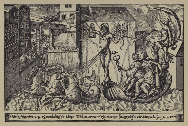 Fyrverkerier på slottet av markgreven av Brandenburg vid Colln vid floden Spree med anledning av besöket av kung Christian IV av Danmark, 10 oktober 1595 av after German School
