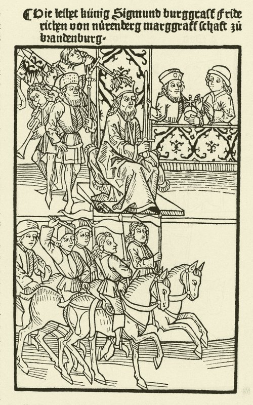 Fredrik I:s insats av huset Hohenzollern som markgreve av Brandenburg, 1415 av after German School