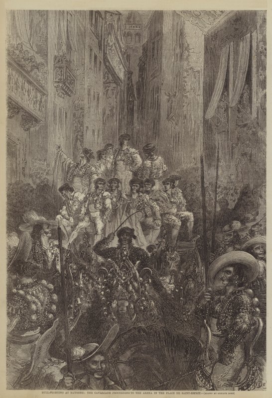Tjurfäktning vid Bayonne, kavalkaden fortsätter till arenan på Place de Saint-Esprit av Gustave after Dore