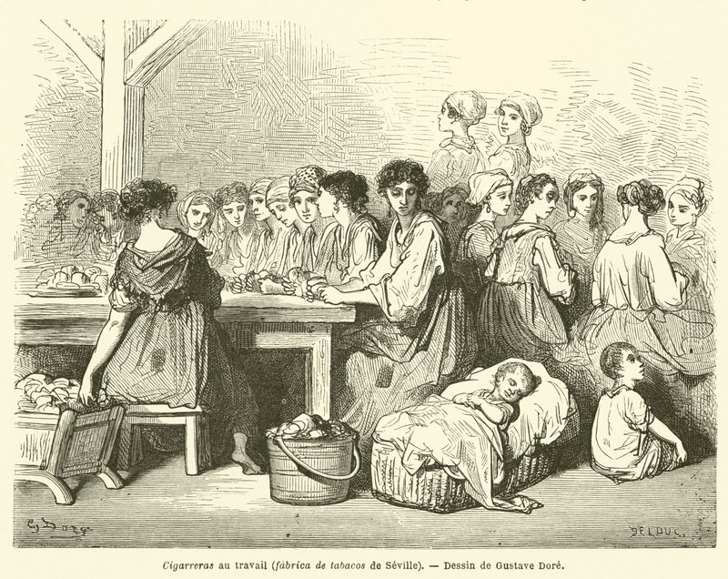 Cigarrer på jobbet, tobaksfabrik i Sevilla av Gustave after Dore