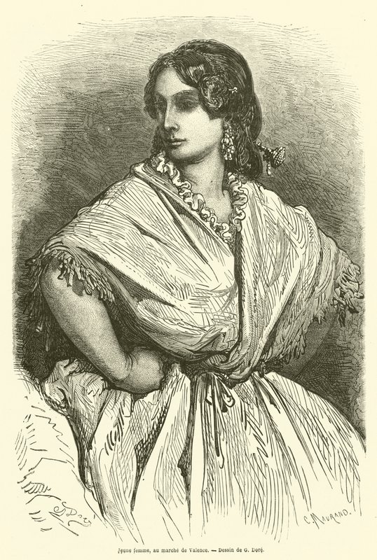Ung kvinna på Valencia-marknaden av Gustave after Dore