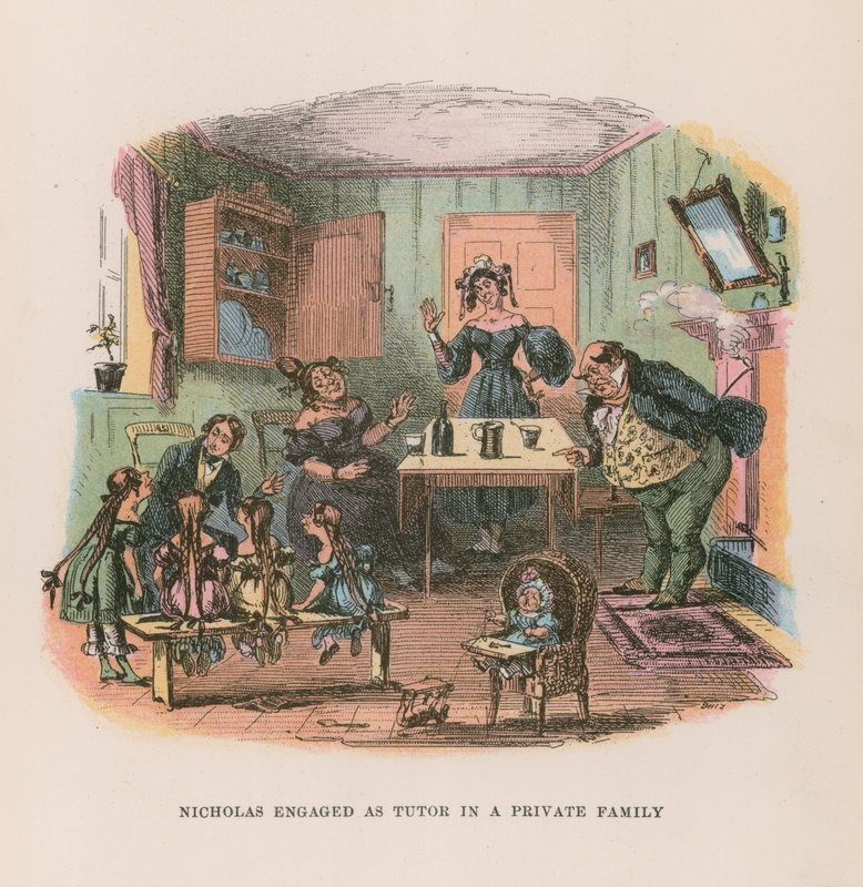 Illustration för Nicholas Nickleby (färg litho) av after Hablot Knight Browne