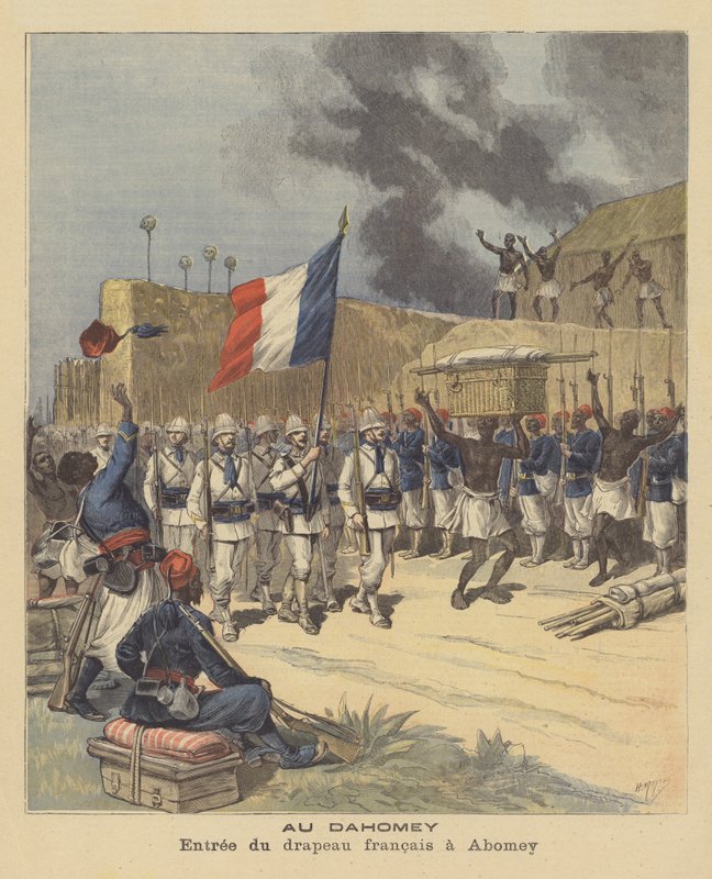 Franska flaggans inträde i Abomey, Dahomey av after Henri Meyer