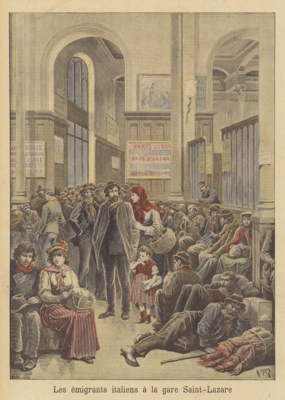 Italienska emigranter till Amerika vid Gare Saint-Lazare av after Henri Meyer