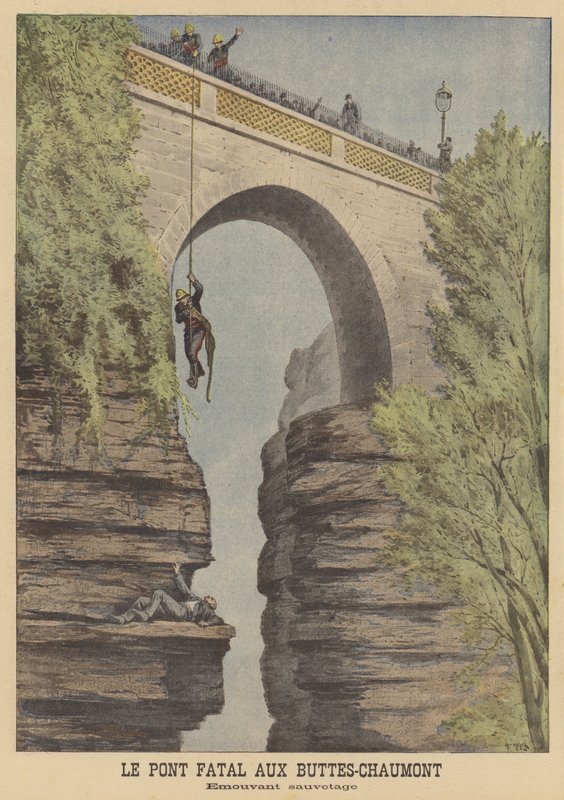 Räddning av ett självmordsförsök vid bron i Parc des Buttes-Chaumont, Paris av after Henri Meyer