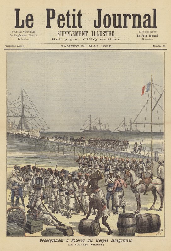 Senegalesiska trupper går i land vid den nya kajen i Cotonou, Dahomey av after Henri Meyer