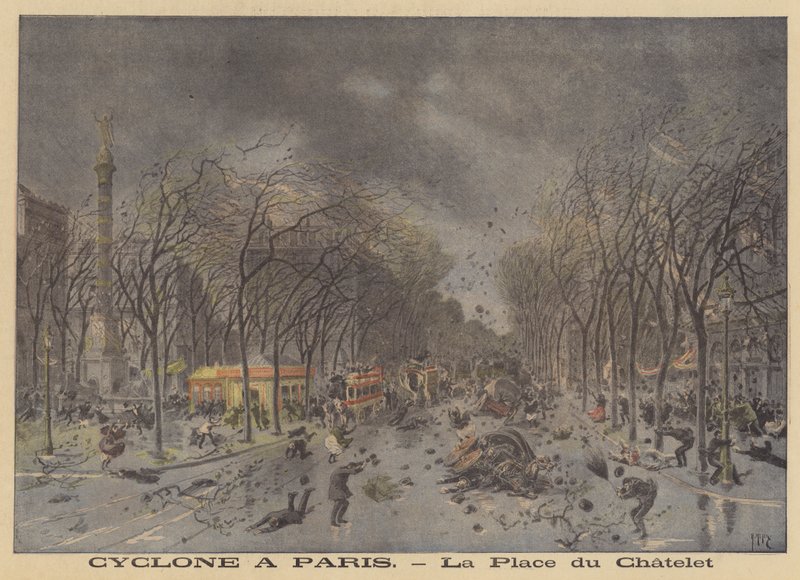 Stormskador på Place du Chatelet, Paris av after Henri Meyer