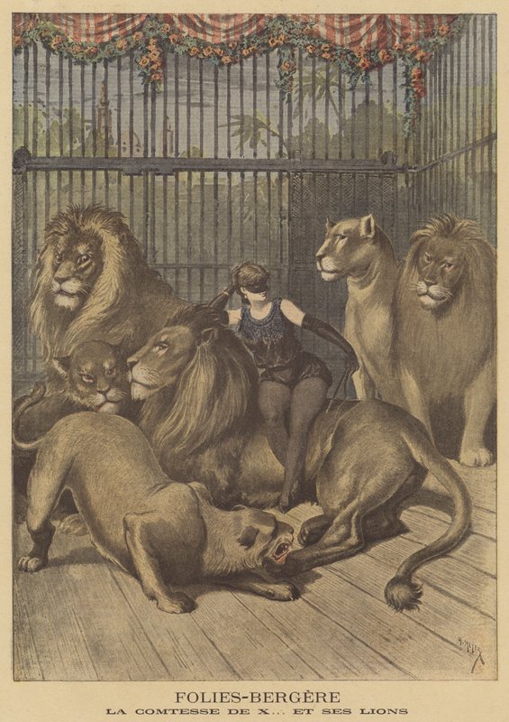 Grevinnan av X och hennes lejon vid Folies-Bergere av after Henri Meyer