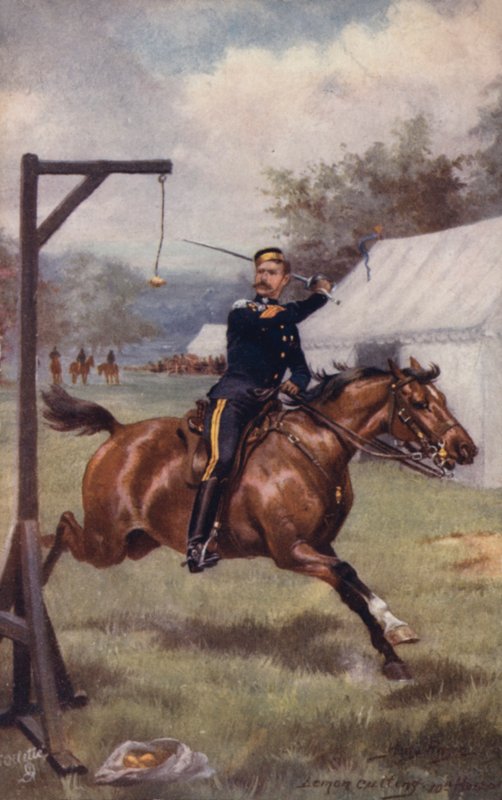 Soldier of the 10th Hussars performing lemon cutting drill  av after Henry A. Payne