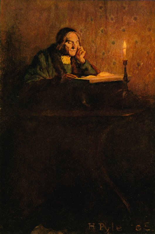 En prydlig och skrumpen herre satt vid ett skrivbord av after Howard Pyle