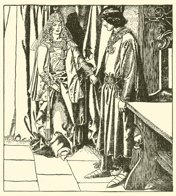 Drottning Morgana dyker upp för Sir Launcelot av after Howard Pyle