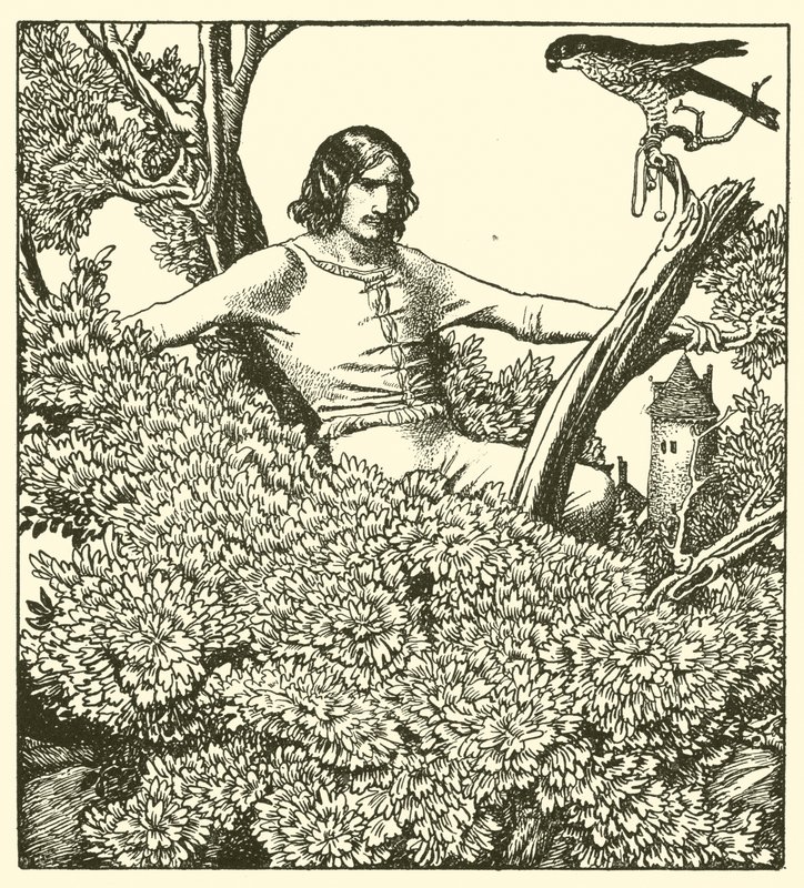 Sir Launcelot klättrar för att fånga damfalken av after Howard Pyle