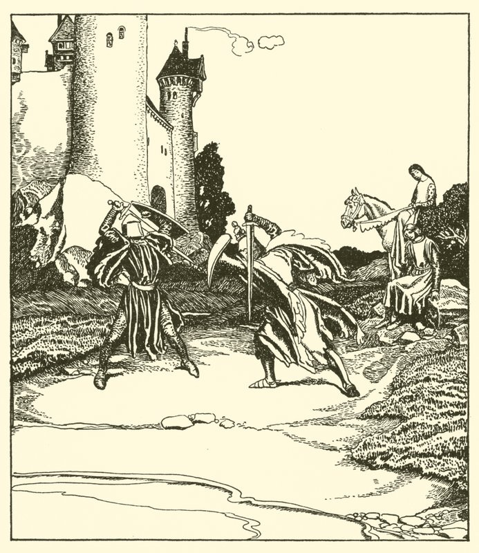 Sir Launcelot kämpar mot Sir Turquine av after Howard Pyle