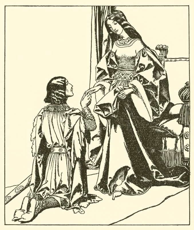Sir Launcelot hälsar drottning Guinevere av after Howard Pyle
