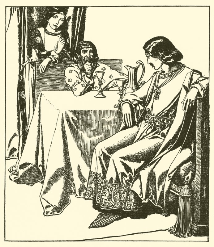 Sir Launcelot sitter med Sir Hilaire och Croisette av after Howard Pyle