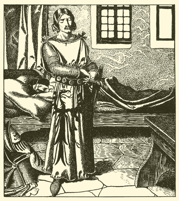 Sir Launcelot tar Sir Kays rustning av after Howard Pyle