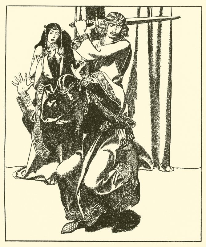 Sir Tristram anfaller kung Mark av after Howard Pyle