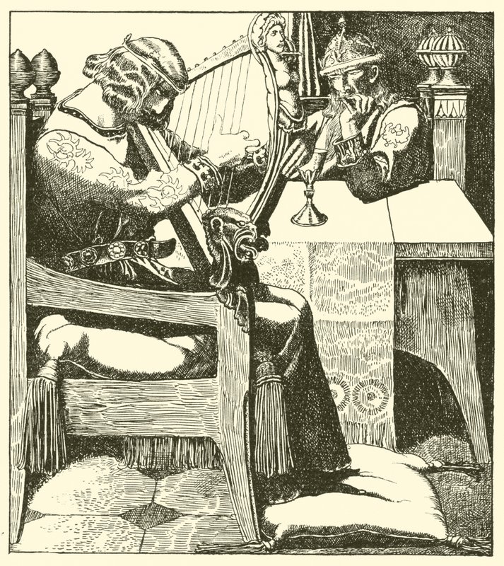 Sir Tristram harpet inför kung Mark av after Howard Pyle