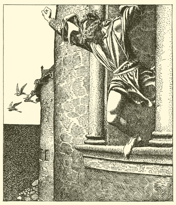 Sir Tristram hoppar in i havet av after Howard Pyle