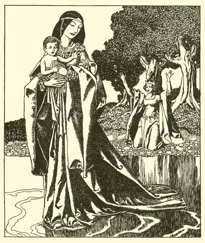 Lady Nymue bär bort Launcelot i sjön av after Howard Pyle