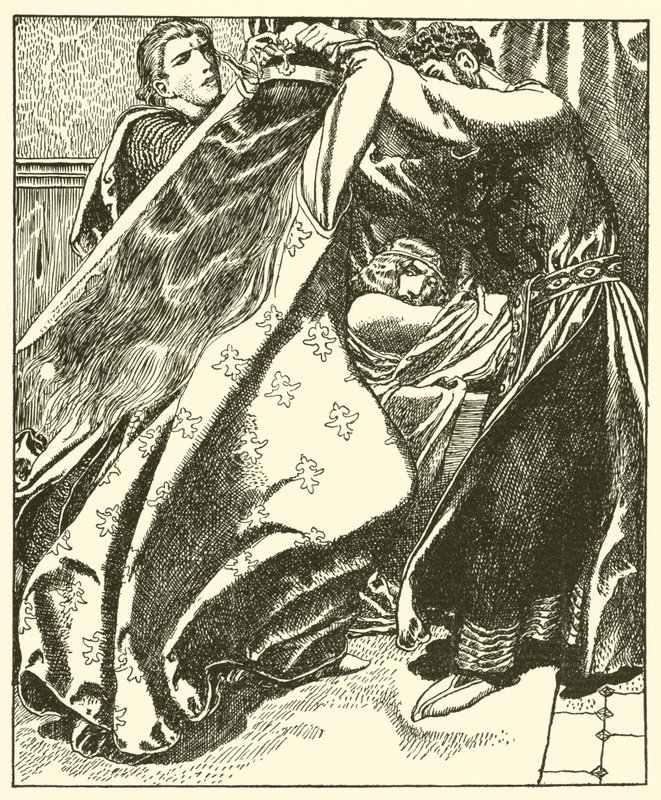 Drottningen av Irland försöker döda Sir Tristram av after Howard Pyle