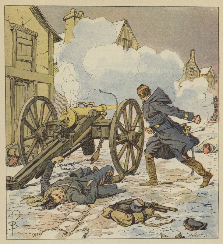 Vid Parigne stödde en artillerikapten reträtten genom att själv ladda och avfyra sin sista pistol. av after Louis Charles Bombled