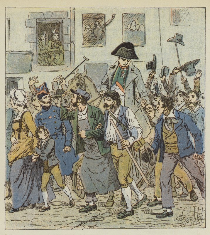 När han återvände från ön Elba, mottogs kejsaren i Faubourg Saint-Antoine med oöverträffad entusiasm. av after Louis Charles Bombled