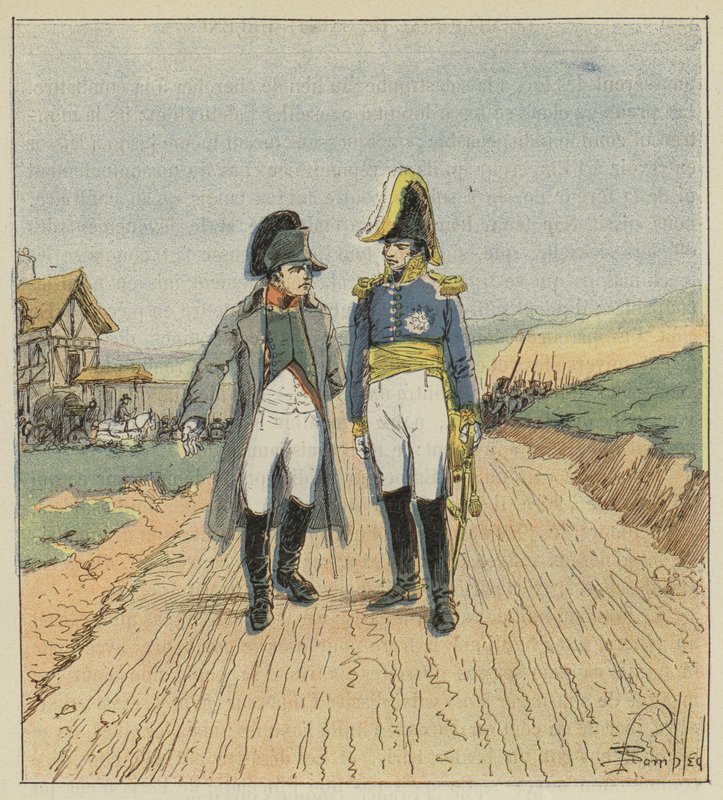 På väg till ön Elba möter Napoleon Augereau av after Louis Charles Bombled