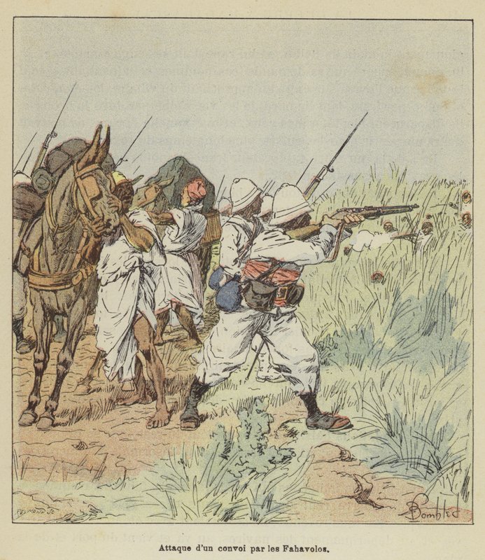 Attack på en konvoj av Fahavolos av after Louis Charles Bombled