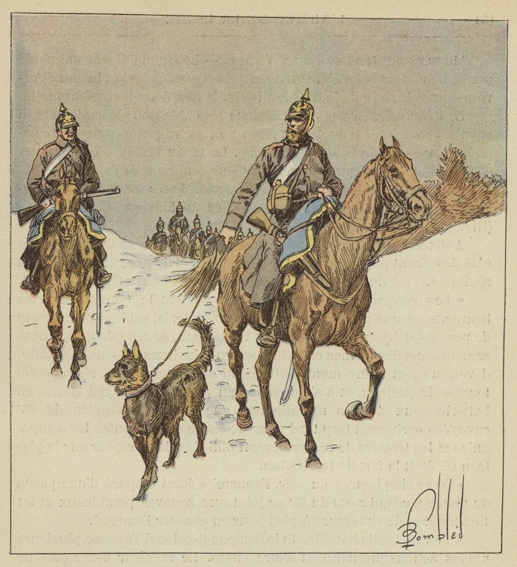 Preussiska ryttare i spaning, föregås av hundar hållna i koppel av after Louis Charles Bombled