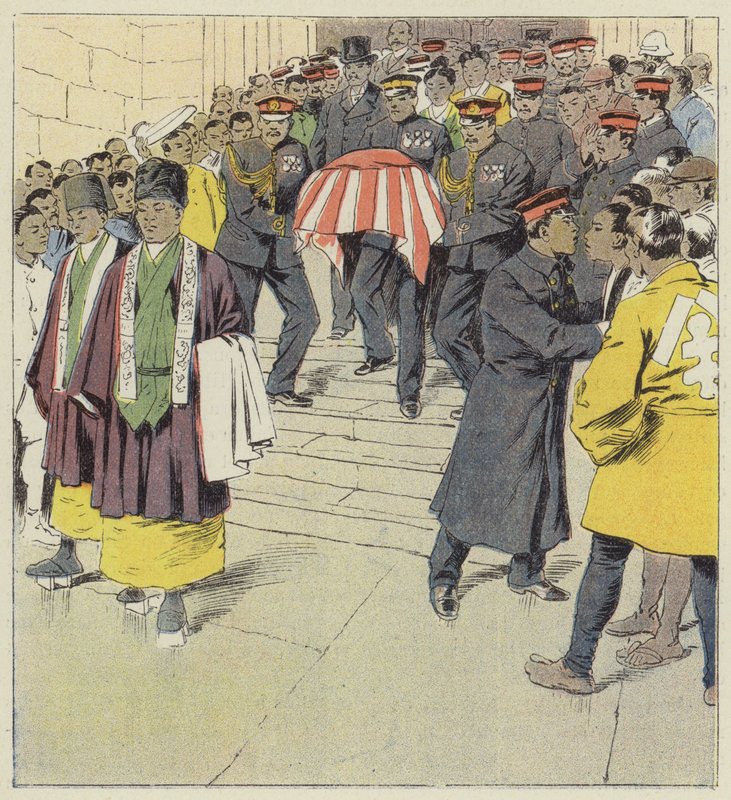 Religiös militär ceremoni i Tokyo av after Louis Charles Bombled