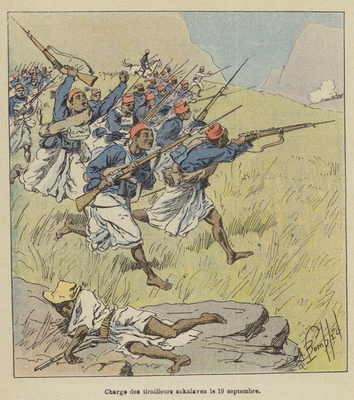 Åtal mot Sakalave-skärmytsarna den 19 september av after Louis Charles Bombled
