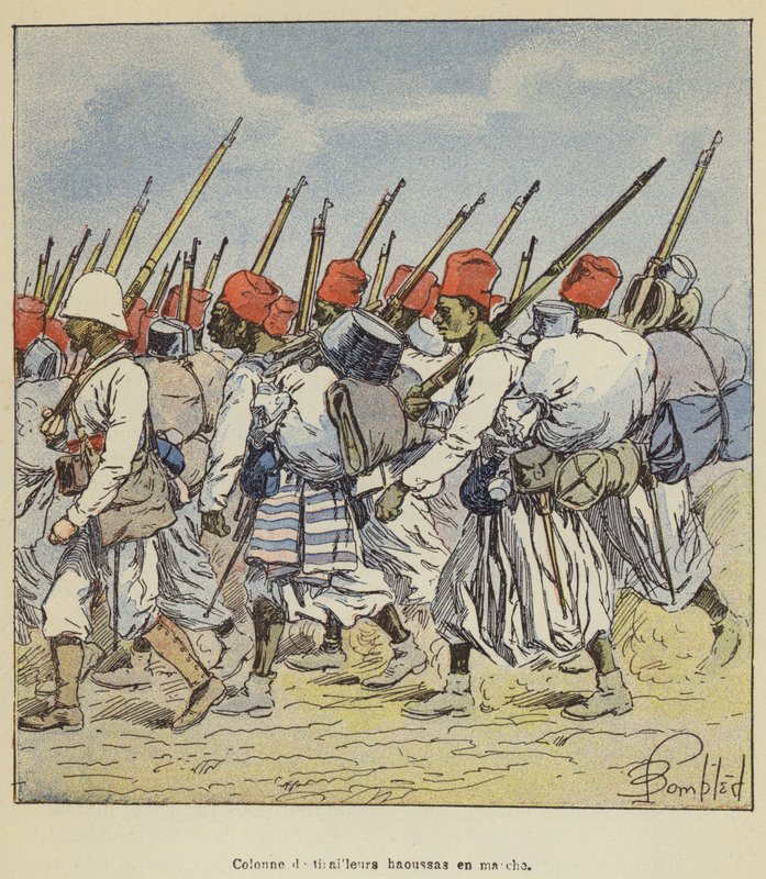 Kolumn av Hausa skärmytslingar på marschen av after Louis Charles Bombled