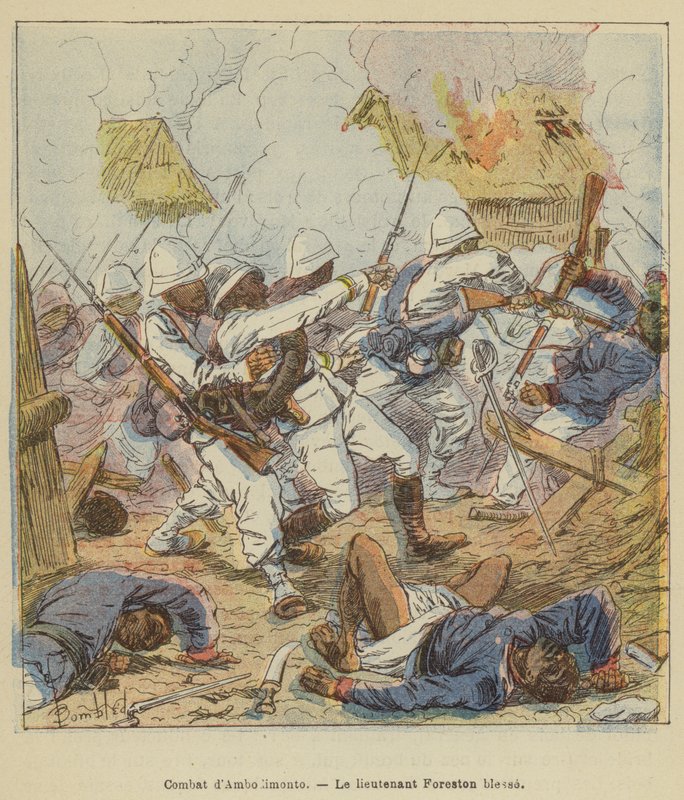 Strid av Ambodimonto, löjtnant Foreston sår av after Louis Charles Bombled