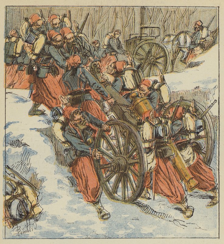 Strid av Chilleurs-aux-Bois, zouaverna drar tillbaka två stycken av 12 från en grop, under preussarnas eld av after Louis Charles Bombled