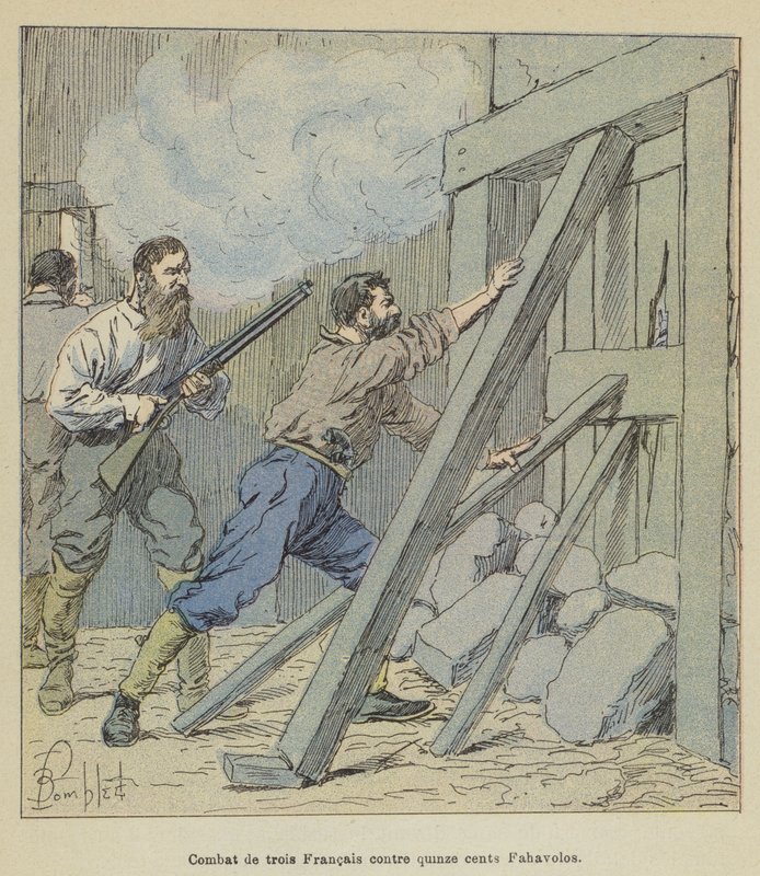 Kamp av tre fransmän mot femtonhundra Fahavolos av after Louis Charles Bombled