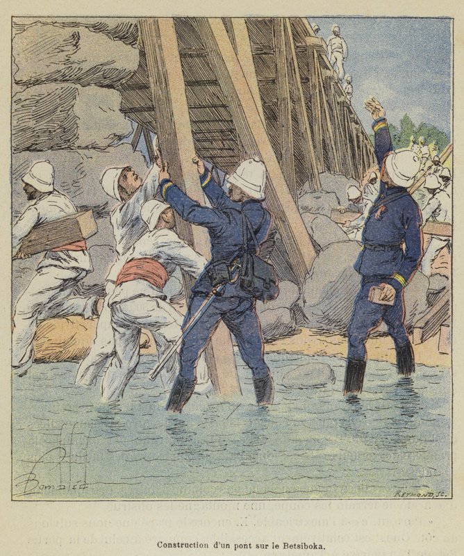 Byggande av en bro på Betsiboka av after Louis Charles Bombled