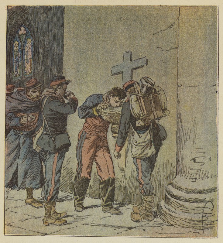 I kyrkan i Villiers delar franska fångar som dör av törst innehållet i en stoup av after Louis Charles Bombled