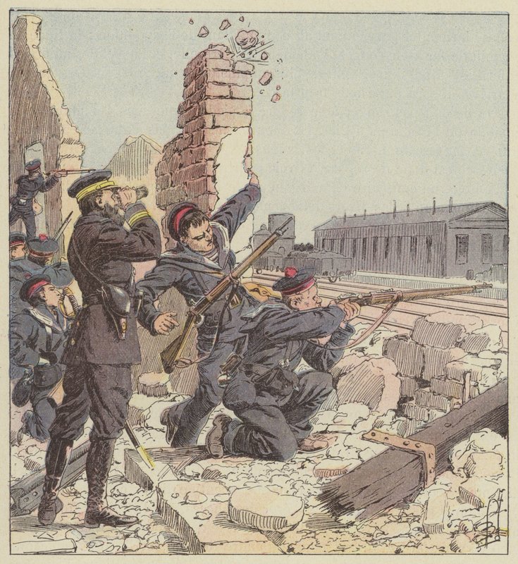 Försvar av Tien-Tsin-stationen av marinsoldater av after Louis Charles Bombled