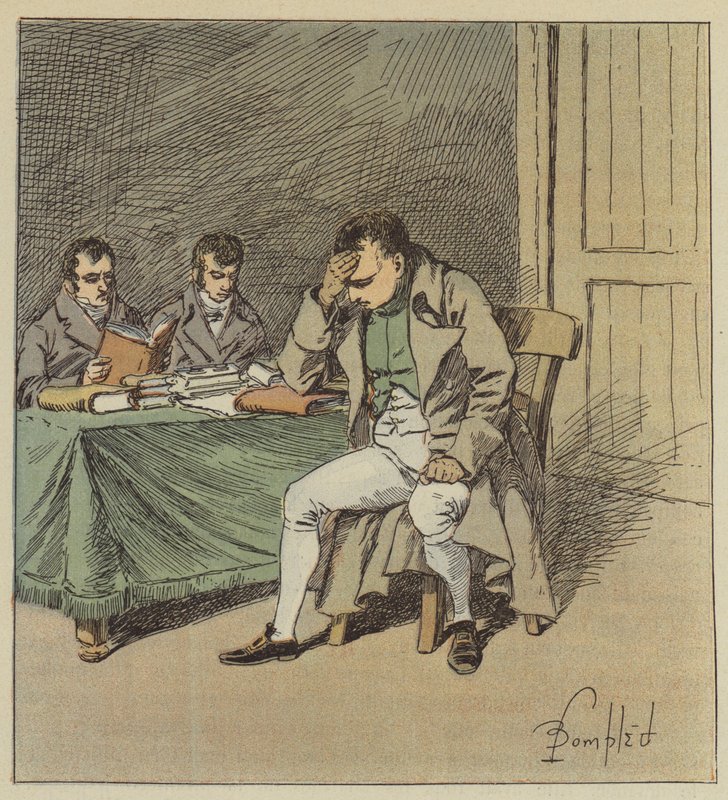 Och Napoleon förblev tyst några ögonblick med huvudet vilande på ena handen. av after Louis Charles Bombled