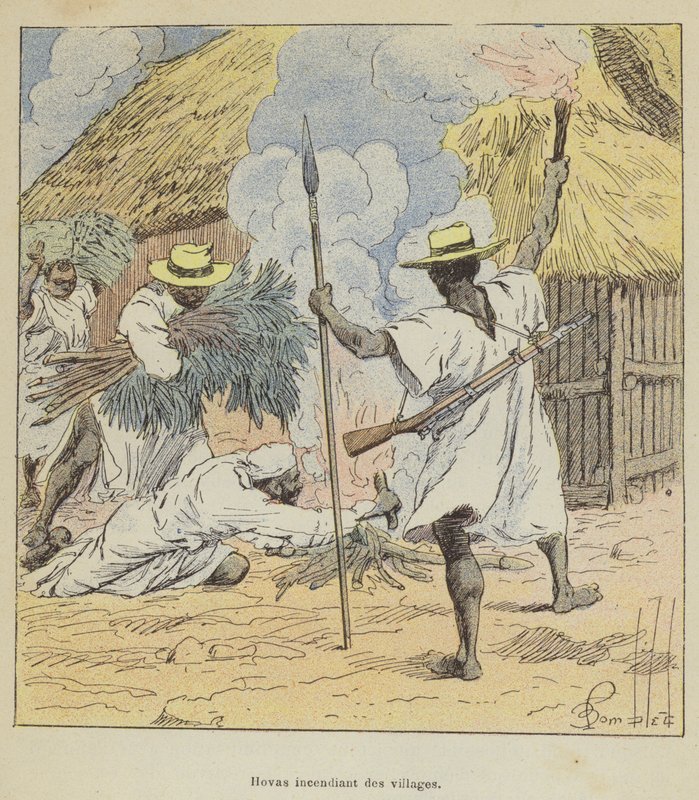 Hovas brinnande byar av after Louis Charles Bombled