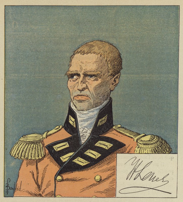 Hudson Lowe från en teckning i Bibliotheque Nationale, Lowes signatur av after Louis Charles Bombled
