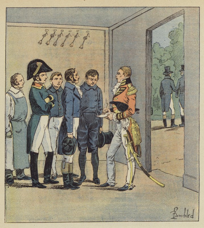 Hudson Lowe förhör Napoleons tjänare av after Louis Charles Bombled