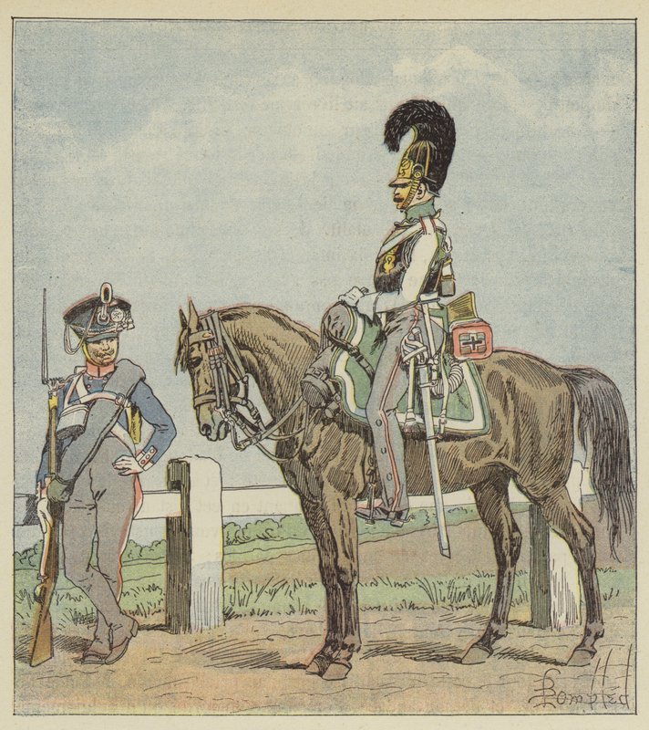 Preussiskt linjeinfanteri (42:a reg) och preussisk kurassier (1806) av after Louis Charles Bombled
