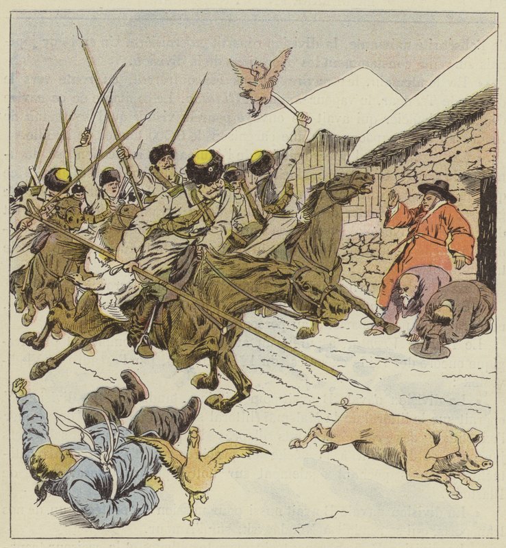 Utbrott av kosacker i en by av after Louis Charles Bombled