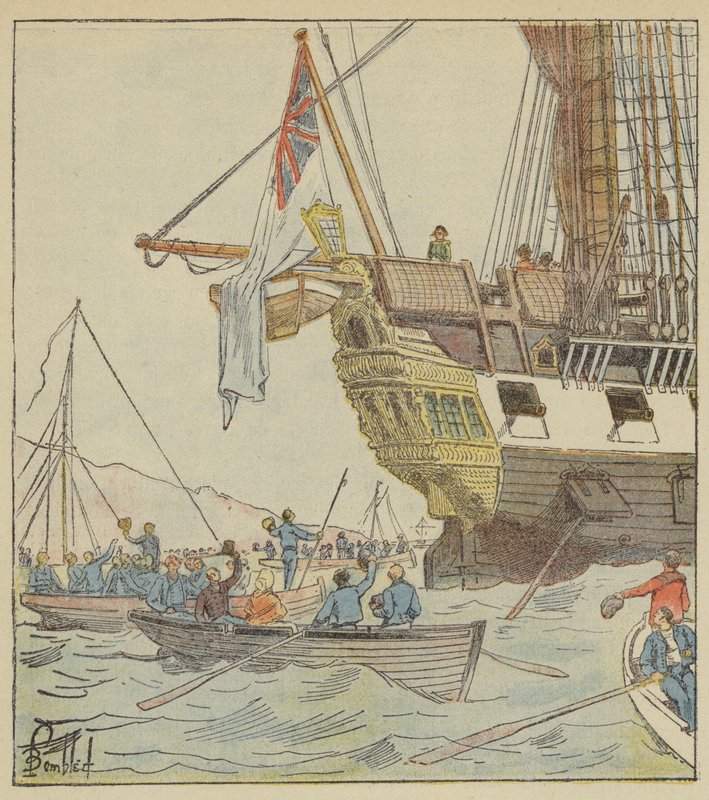 Kejsaren i Plymouth, ombord på Bellerophon av after Louis Charles Bombled