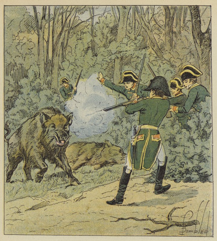 Kejsaren jagar vildsvin i skogen Marly av after Louis Charles Bombled