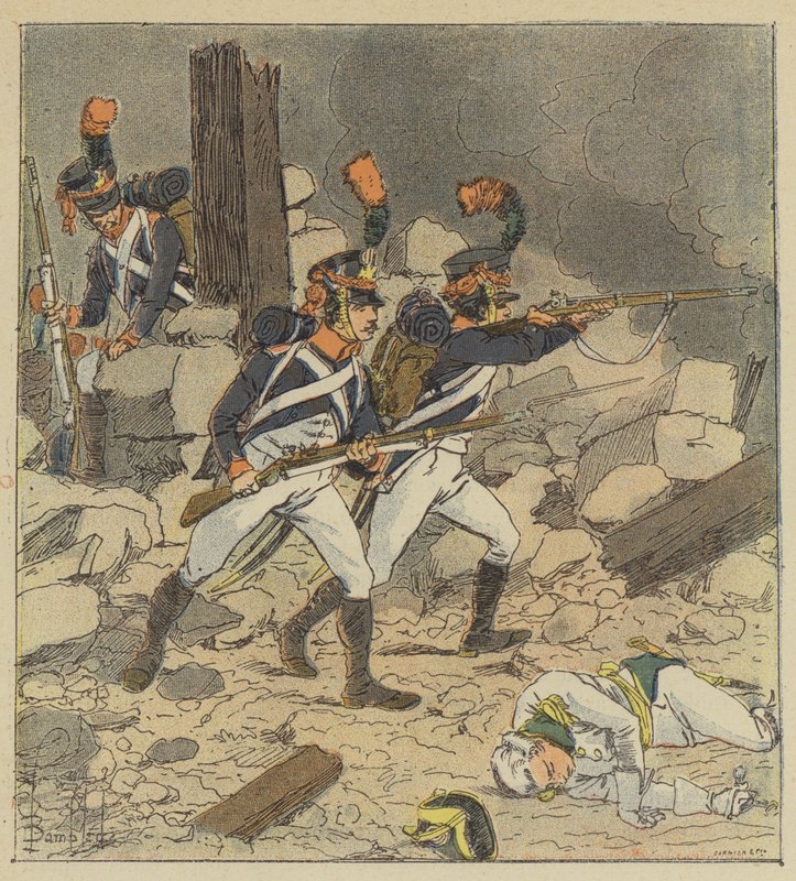 Kejsaren skickade sin vakts skärmytslingar till Aspern av after Louis Charles Bombled