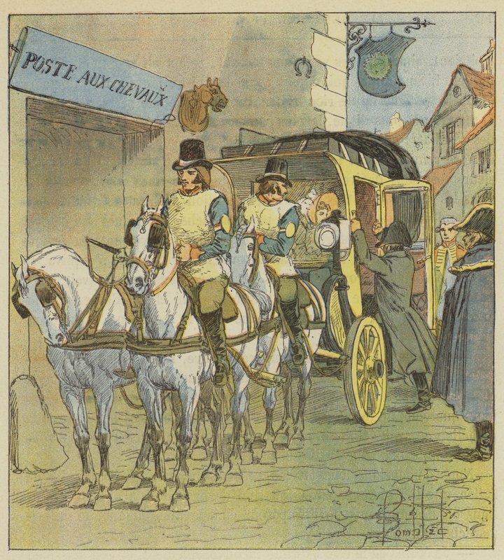 Kejsaren sätter sig i Marie-Louises bil av after Louis Charles Bombled