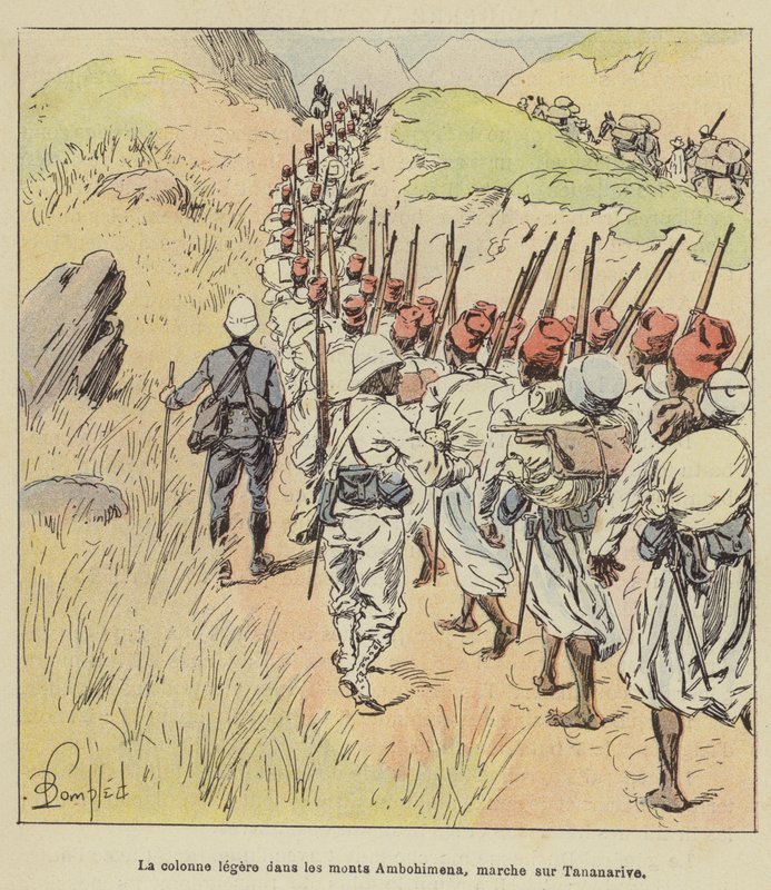 Ljuspelaren i Ambohimena-bergen, marscherar på Tananarive av after Louis Charles Bombled